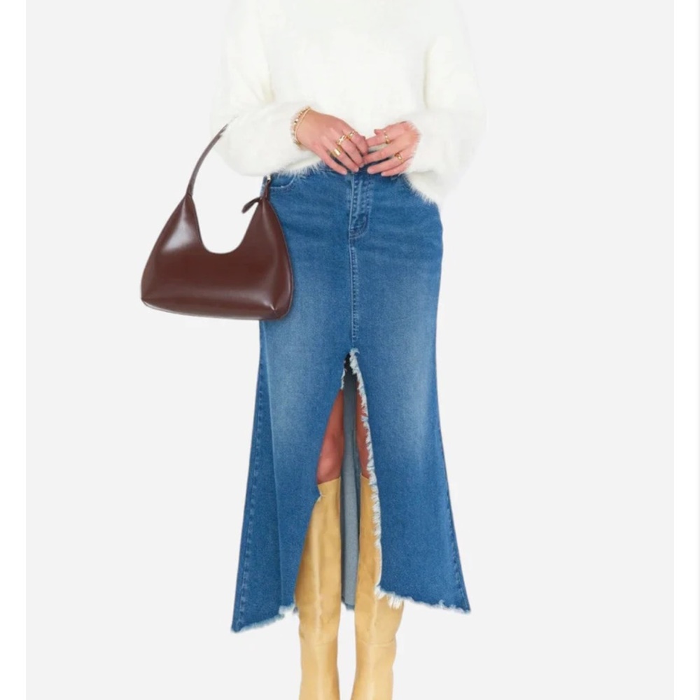 Show Me Your Mumu Blue Denim Maxi Skirt with Front Slit and frayed hem